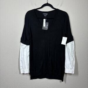 Trouve Womens XS Knit Combo Sweater Black White V Neck Long Sleeves